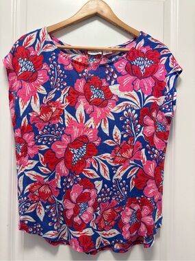 100% LINEN Sigrid Olsen Floral Short-Sleeve Tee in Blue, Pink & Red